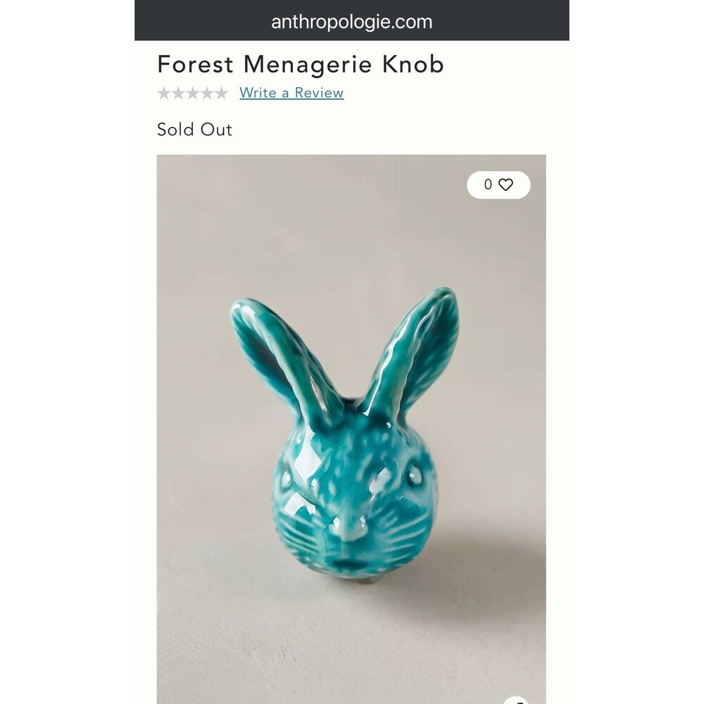 1 Anthropologie Bunny Rabbit Turquoise Forest Menagerie Ceramic Drawer Pull Knob